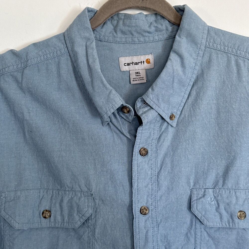 Carhartt Men's Blue Chambray Long Sleeve Button-down Shirt 3XLT Loose Fit EUC